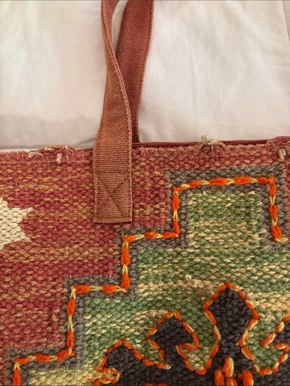 World Market Red-Brown and Green Woven Tote with Tassel 15x17 inches